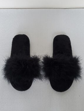 Black Faux-Fur Cozy Slide Slipper Sandals